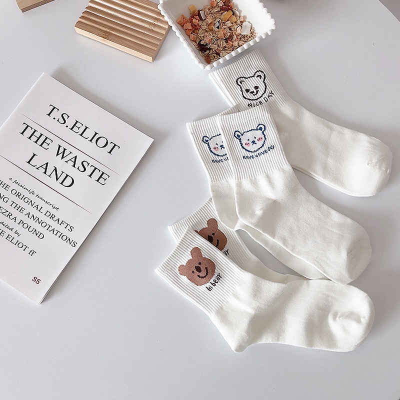 Tất cổ cao vớ nữ che khuyết điểm cute hình gấu trắng phong cách Hàn Quốc vintage set 5 đôi Tom House