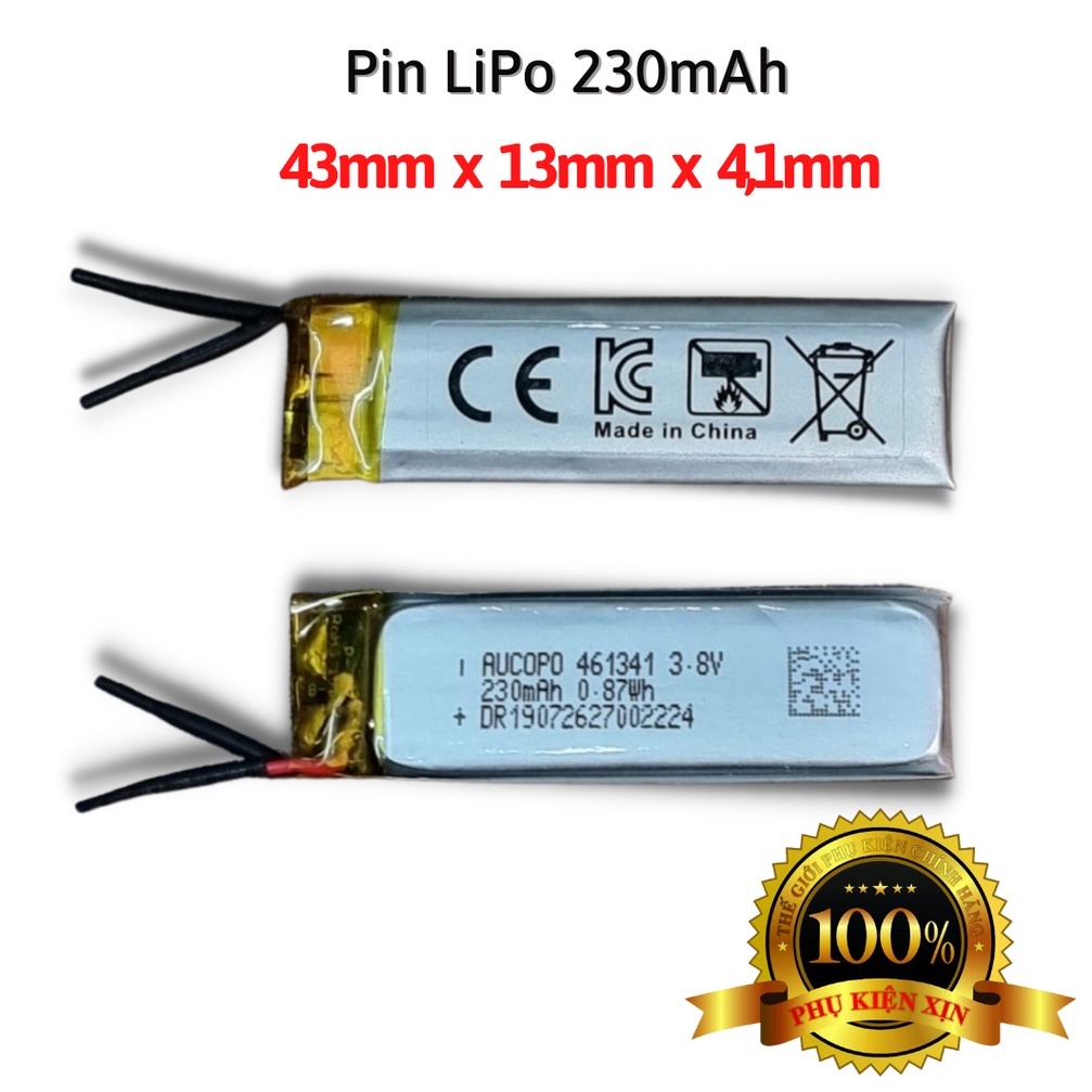 Pin LiPo 3.8v 230mAh Có Mạch Bảo Vệ Pin, Kích Thước 43 x 13 x 4.1mm Chính Hãng (Phù hợp DIY Tai Nghe, Đồ Chơi, Led,...)