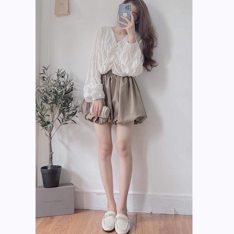 [Ảnh thật] Set áo cổ tim tay bồng mix short bo gấu ulzzang - set áo đũi xốp nhún ngực dài tay kèm quần đùi bo gấu