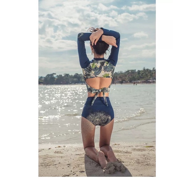 Bikini , đồ bơi nữ hai mảnh dài tay xanh hoa buộc lưng