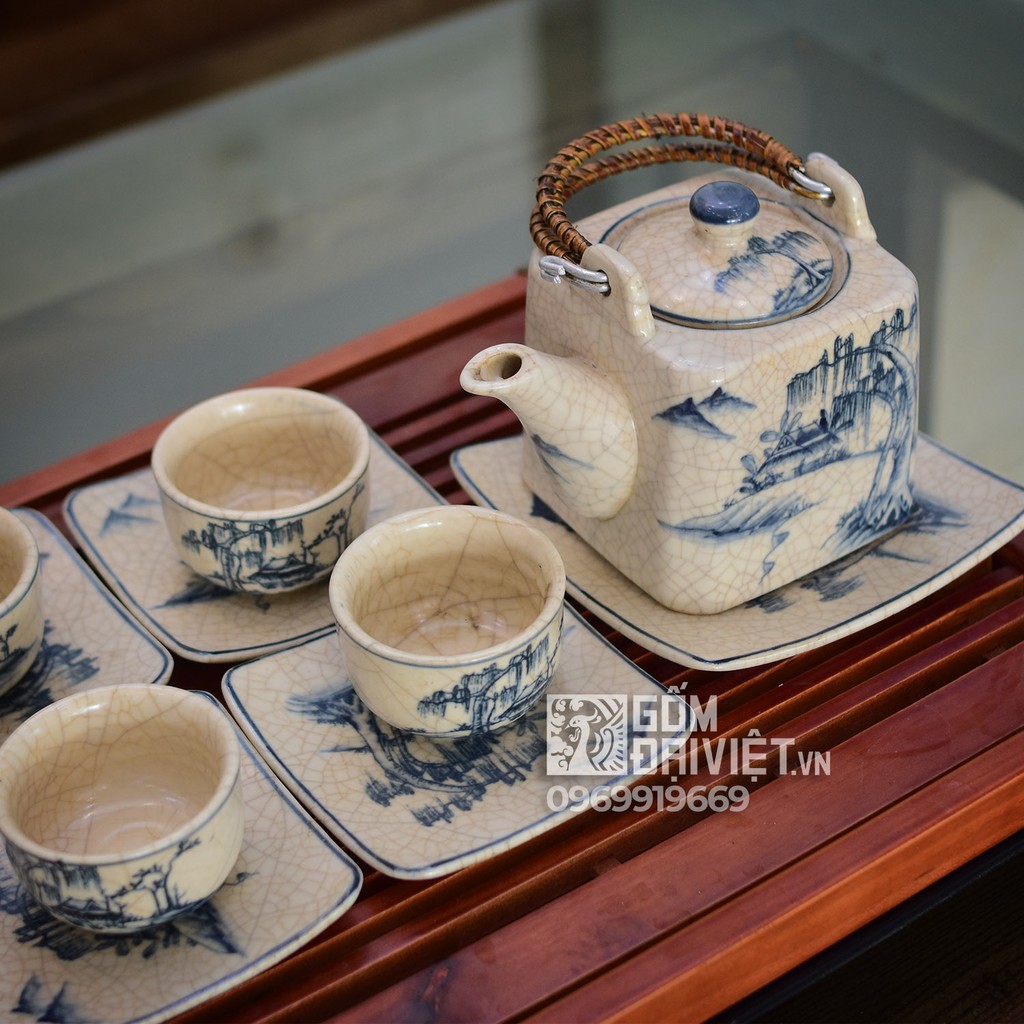 Bộ ấm trà Bát Tràng men rạn vẽ sơn thủy dáng vuông