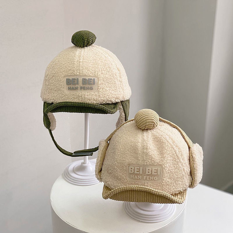 Mũ lưỡi trai vải lông mềm mại giữ ấm tai thời trang thu đông cho bé