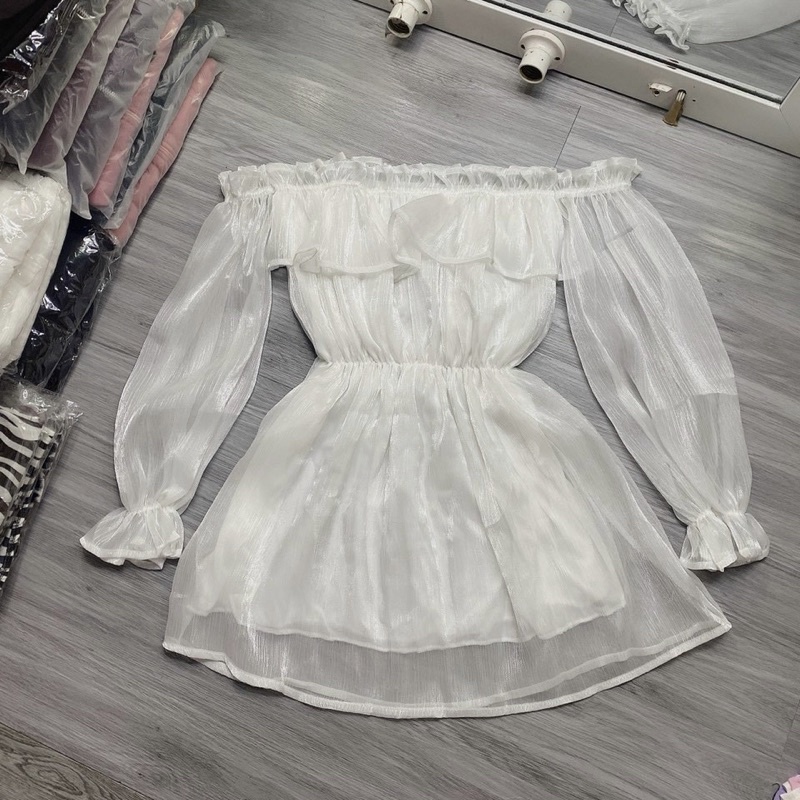 Áo trễ vai tay phồng vải tơ lụa 2 lớp, áo babydoll nữ bánh bèo tiêu thư dài tay