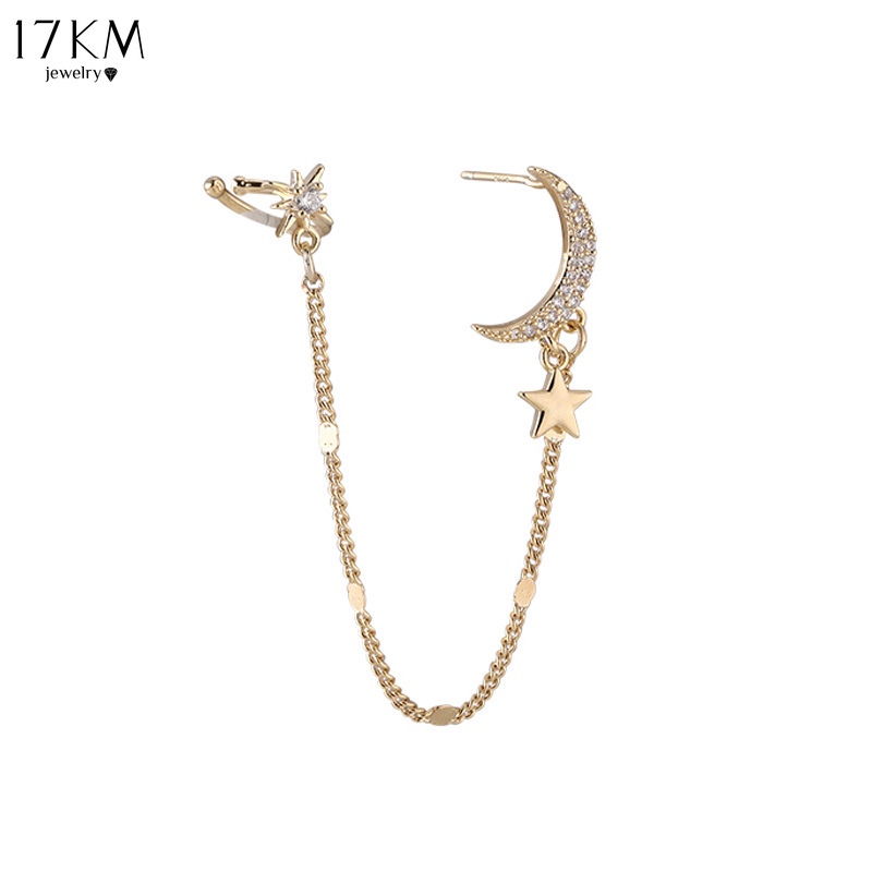 Khuyên tai 17KM dạng kẹp mặt hình ngôi sao mặt trăng màu vàng đơn giản