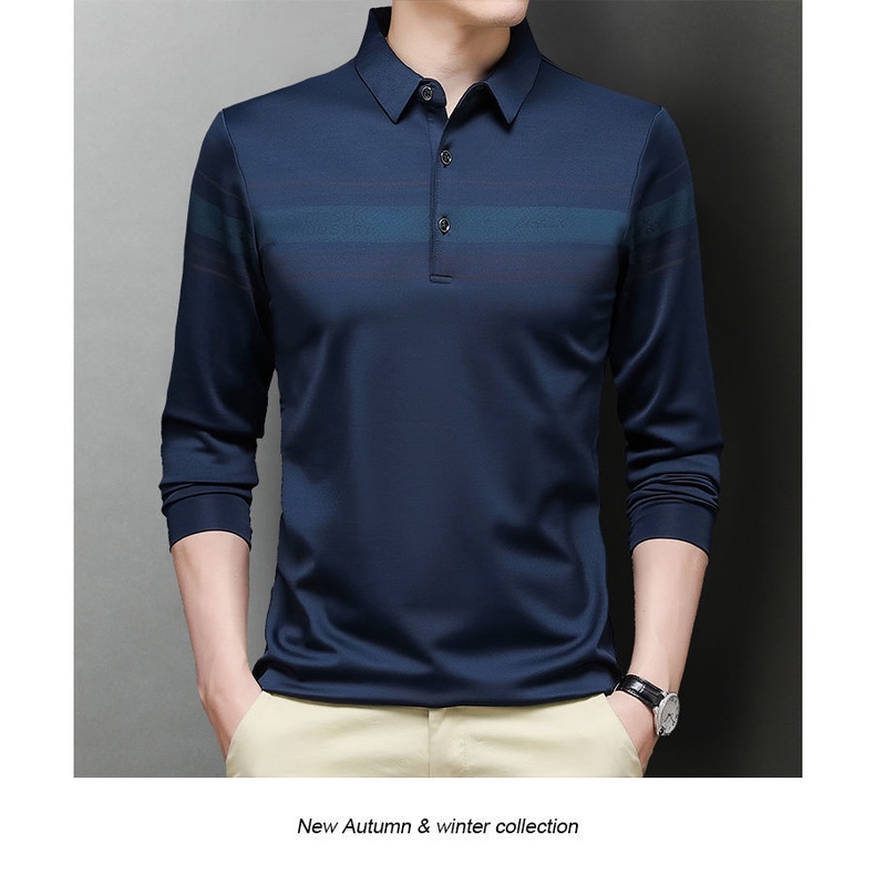 Áo polo Tay Dài Vải Lụa Lạnh Thời Trang Xuân Thu Cho Đàn Ông Trung Niên