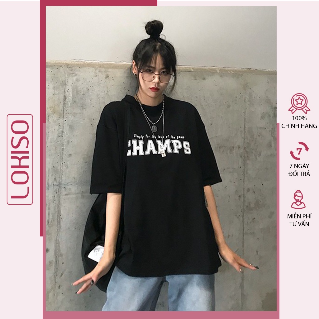Áo thun unisex cổ tròn tay lỡ form rộng nam nữ bigsize champs LOKISO AT01