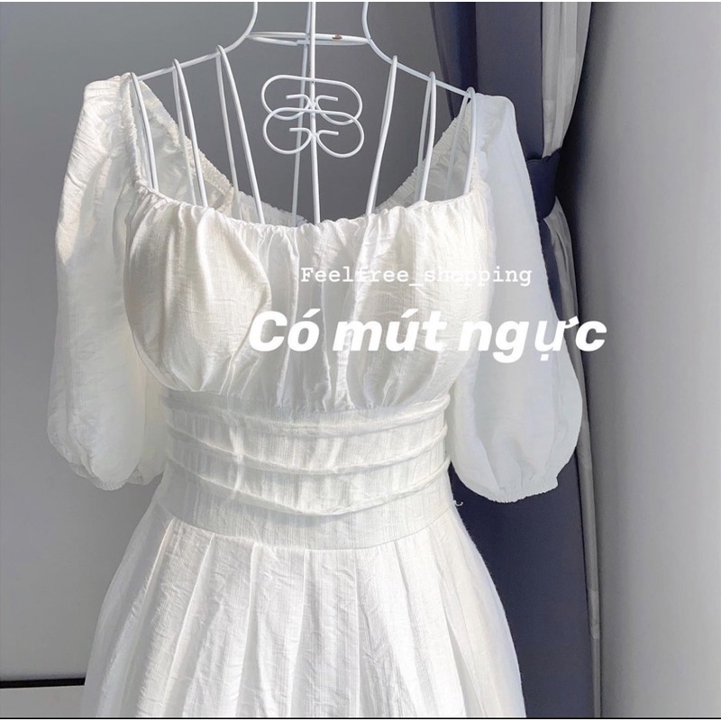 Đầm Trắng Dáng Dài Kèm Mút Ngực Cổ Vuông Hai Lớp Mặc Đi Tiệc, Đi Chơi (Hình Thật) D078