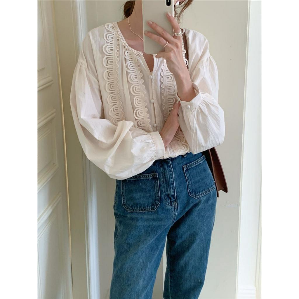 Áo Sơ Mi Dài Tay Cổ Tròn Phối Ren Phong Cách Hàn Quốc 56781