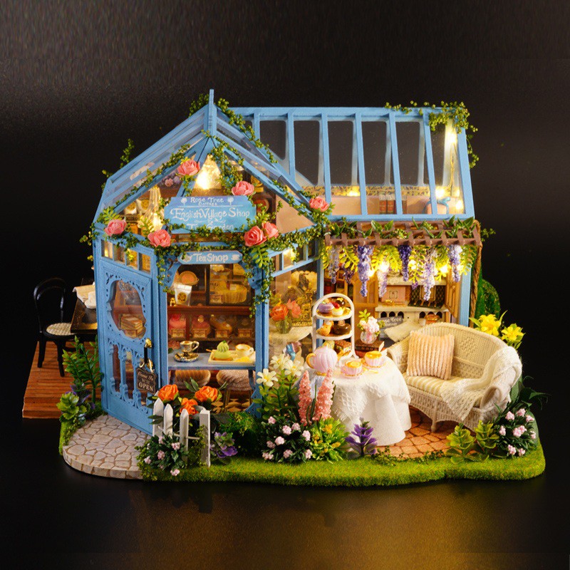 Mô hình nhà DIY Doll House Rose Garden Tea House Kèm Mica Chống bụi, Bộ dụng cụ, Keo dán và Bộ phát nhạc