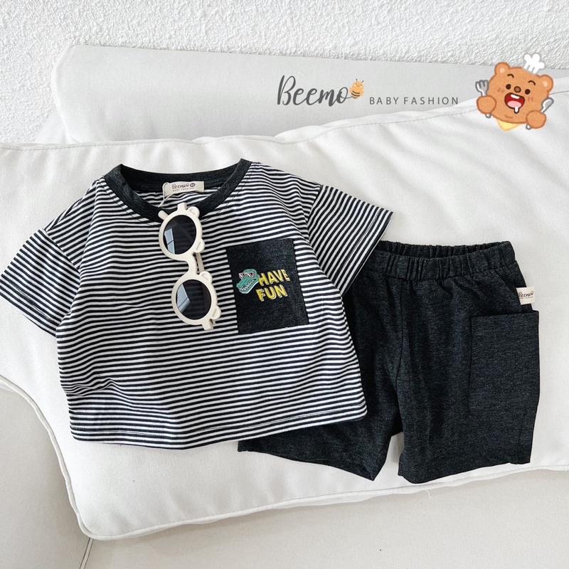 Bộ short cotton kẻ họa tiết khủng long bé trai-MS75