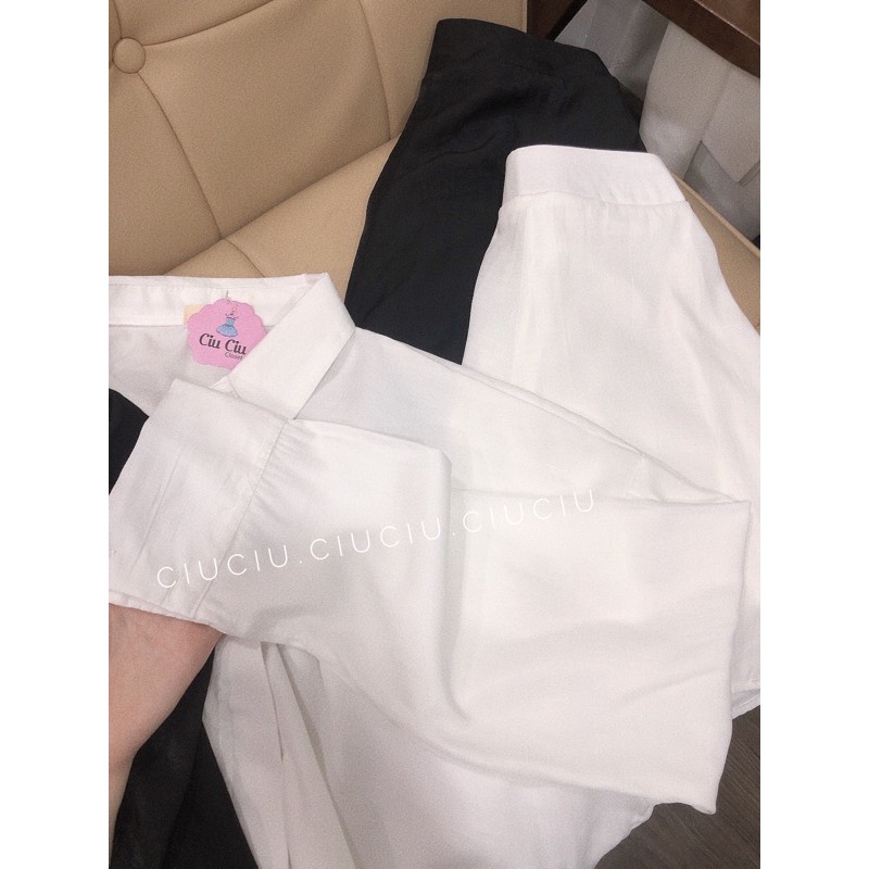 [ CASIET SET ] Set Áo Sơ Mi Nữ Dài Tay Kèm Quần Short Chất Tằm Hàn Đẹp 2 Màu Trắng Đen ( Hàng Sẵn)