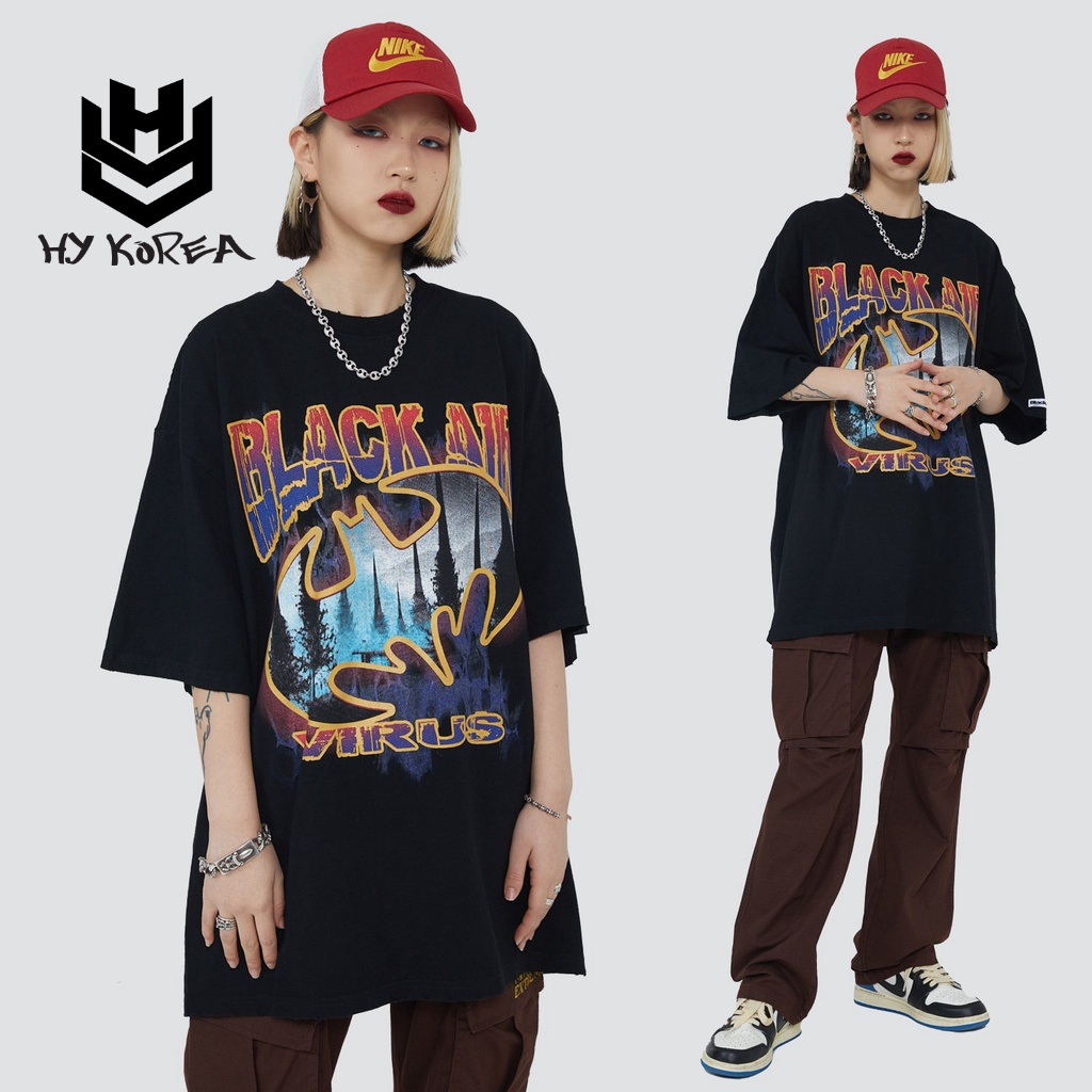Áo Phông HY KOREA Tay Lỡ Nam Nữ Black Air Unisex Form Rộng TLLC59