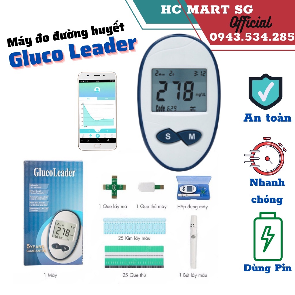 Máy thử đường huyết, Máy đo đường huyết Gluco Leader tặng kèm hộp kim chích và que thử - dễ dàng sử dụng