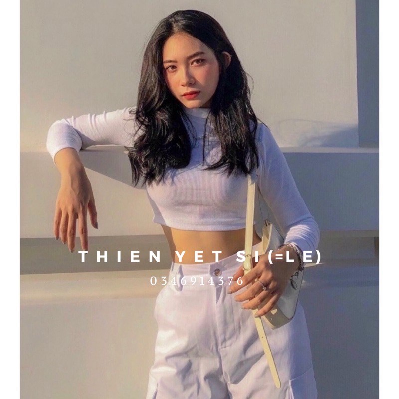 Áo CỔ LỌ TRƠN croptop thun gân tay dài basic