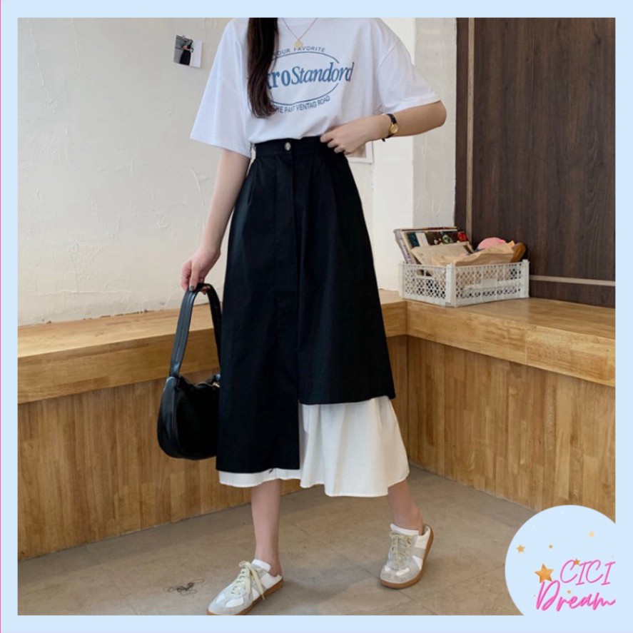 Chân váy tầng dáng dài ulzzang xòe vạt lệch phối đen trắng-Chân váy tầng dáng dài xòe vạt lệch phong cách hàn quốc | BigBuy360 - bigbuy360.vn