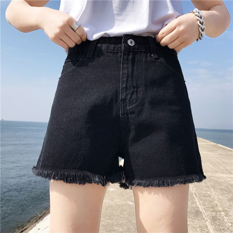 Quần short jean nữ BigSize màu đen tuyền lưng cao trên rốn, co dãn mạnh, lai tua, dành cho người béo 60kg~90kg 3826