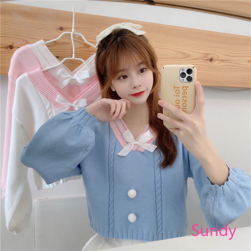 Áo Sweater Dáng Rộng Cổ Chữ V Phối Nơ Xinh Xắn Theo Phong Cách Mùa Thu