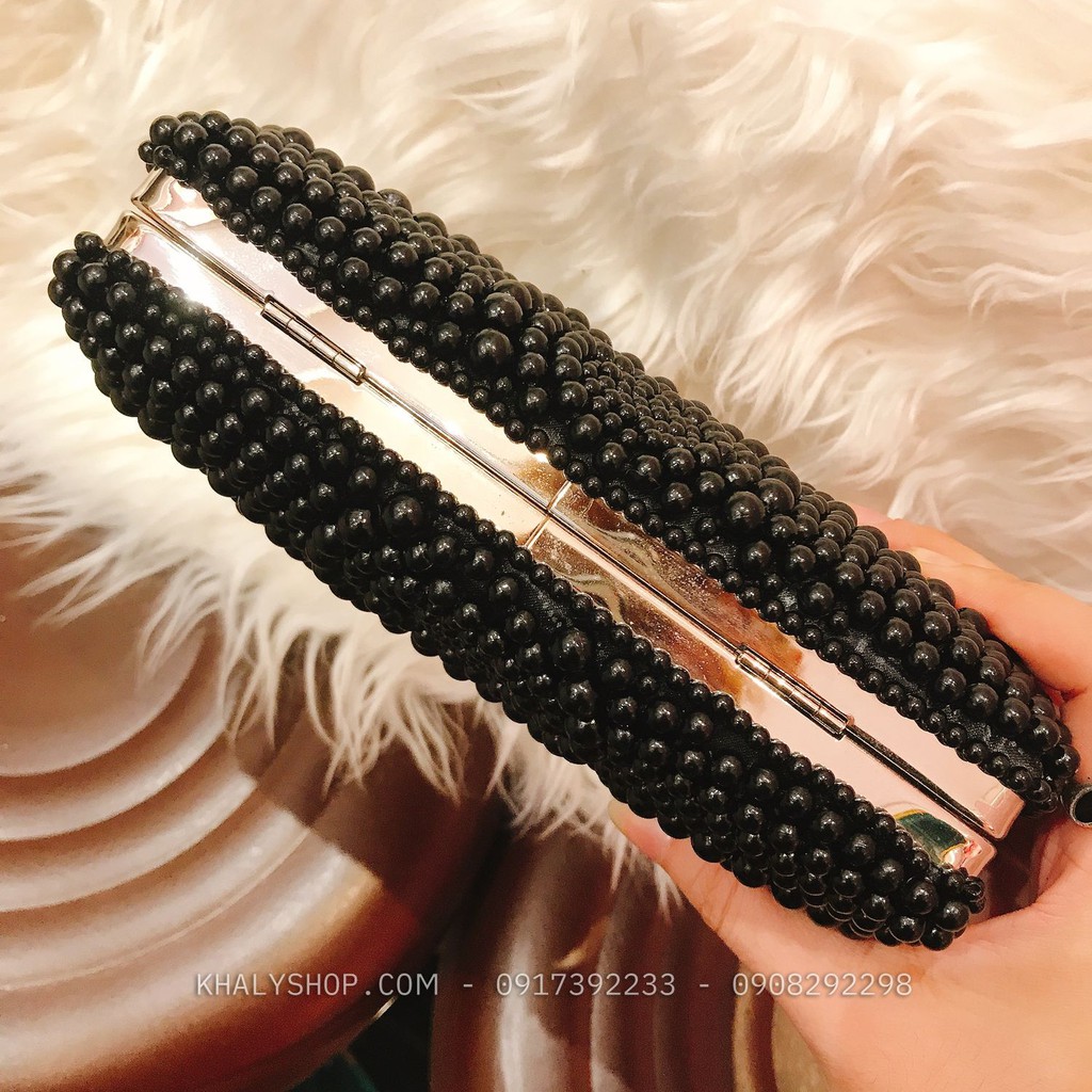 Bóp đầm clutch dạ hội dự tiệc sang trọng đeo chéo xách tay kiểu nút bật kết hạt châu siêu xinh cho bạn nữ - (18x4x11cm)