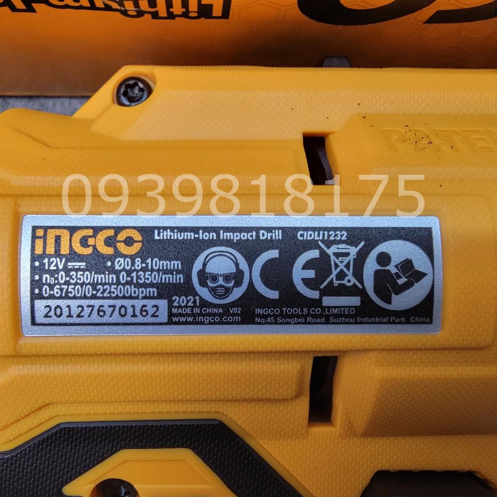 Máy khoan búa dùng pin INGCO CIDLI1232 | máy khoan siết vít 12V, Tốc độ không tải 0-350/0-1350/phút, Lực siết tối đa 20N