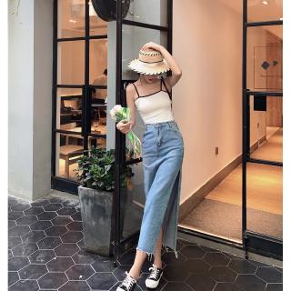 Chân váy jeans dài xẻ tà thời trang cho nữ