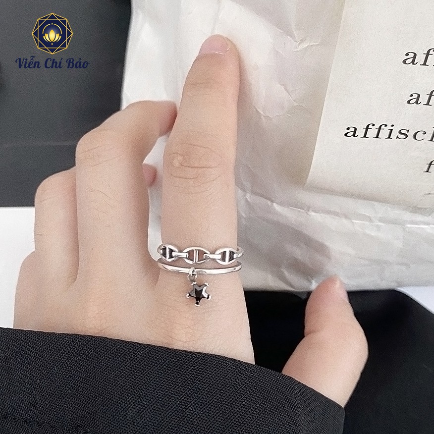 Nhẫn bạc nữ hai lớp đính đá đen ngôi sao chất liệu bạc Thái 925 thời trang phụ kiện trang sức nữ Viễn Chí Bảo N000041