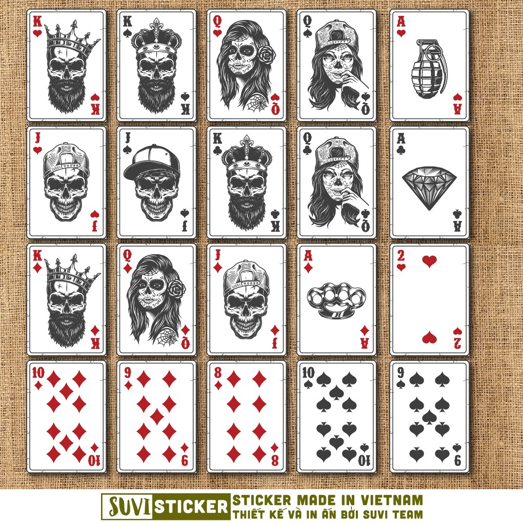 50 Sticker Playing Card chống nước sticker dán laptop, điện thoại, đàn guitar, mũ bảo hiểm, vali. MSP: VR19