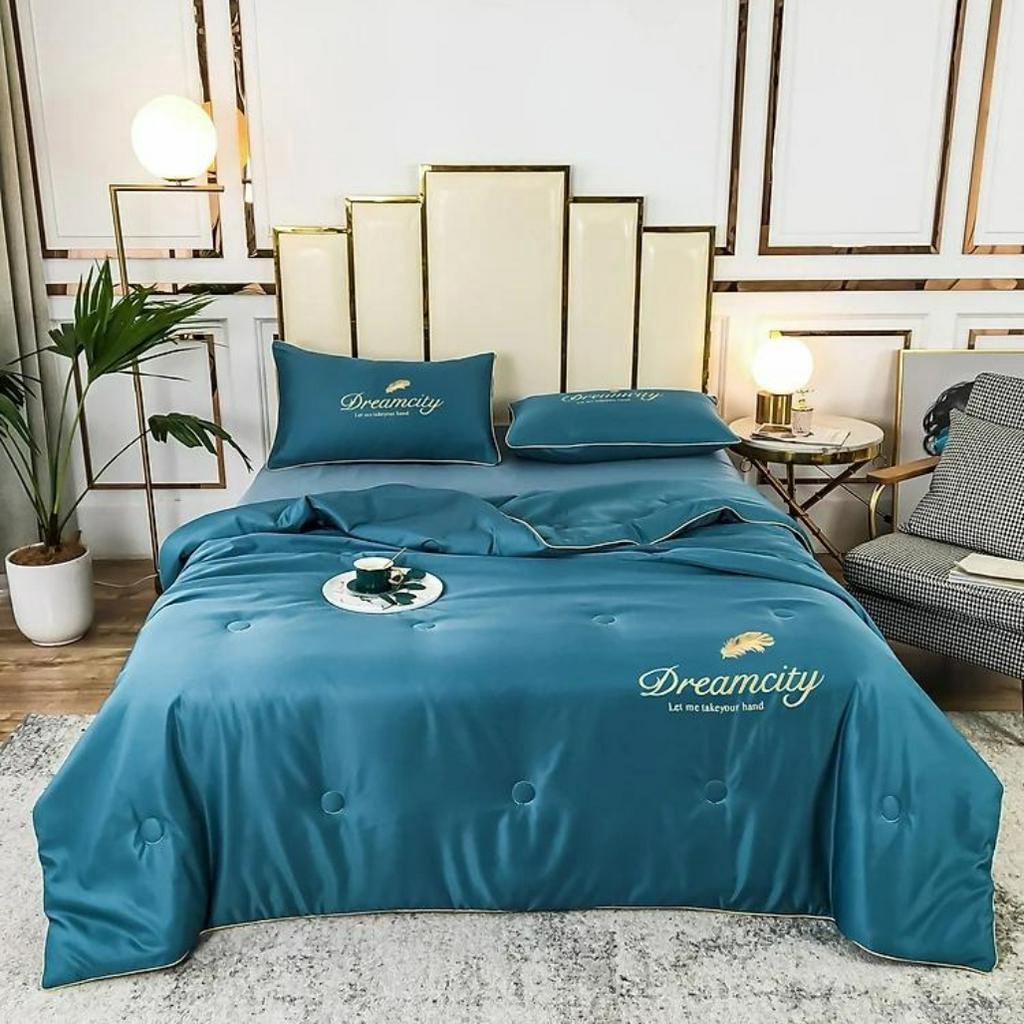 Bộ chăn ga gối Lụa dreamcity chăn trần bông, bộ ga giường lụa cao cấp 4 món phủ / chun, 1m 1m2 1m4 1m5 1m6 1m8 2mx2m 2m2