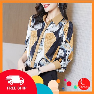 Áo sơ mi lụa dài tay hoạ tiết chữ