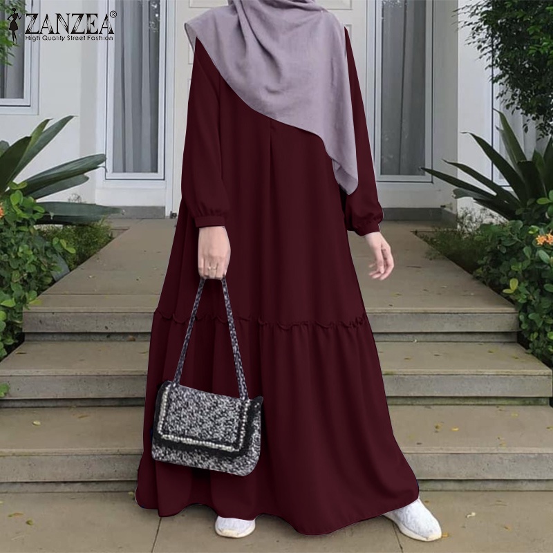 Đầm maxi nữ ZANZEA dài tay gấu tay bồng màu trơn