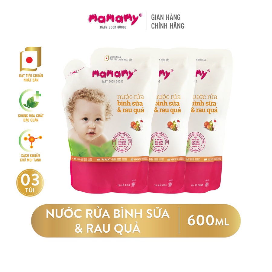 Combo 3 Túi bổ sung Nước rửa bình sữa &amp; rau quả Mamamy 600ml/túi