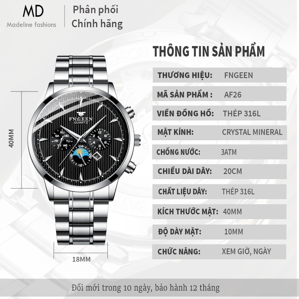 Đồng hồ nam FNGEEN dây thép bền màu, chống nước, kiểu dáng lịch lãm ( Tặng kèm tháo mắc, tỳ hưu Mã: AF26 )