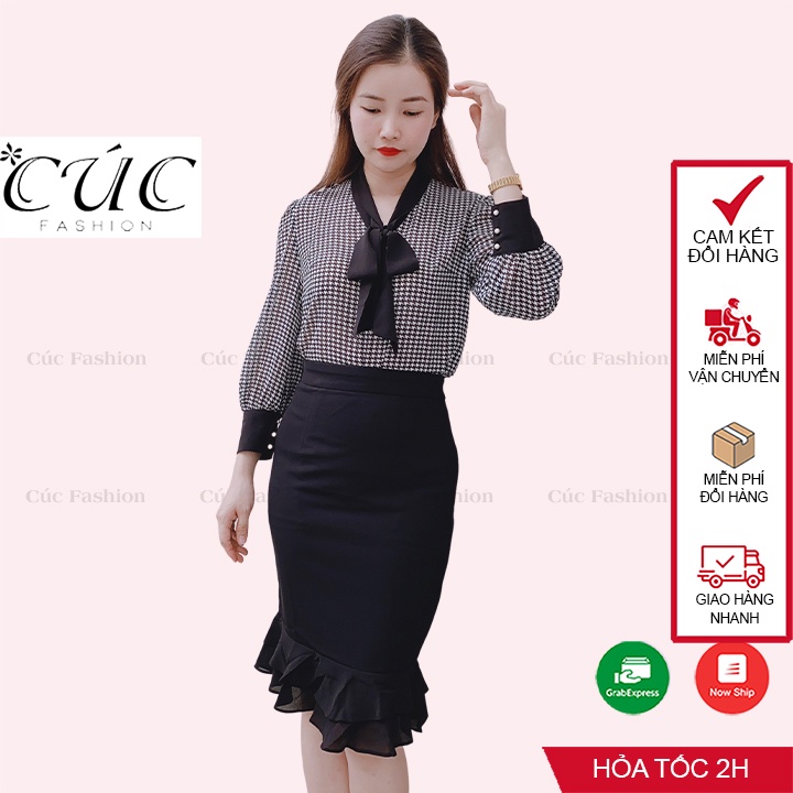 Áo sơ mi nữ Cúc Fashion áo somi dài tay công sở cao cấp vải lụa đẹp cổ nơ kiểu kẻ đen trắng thời trang A622