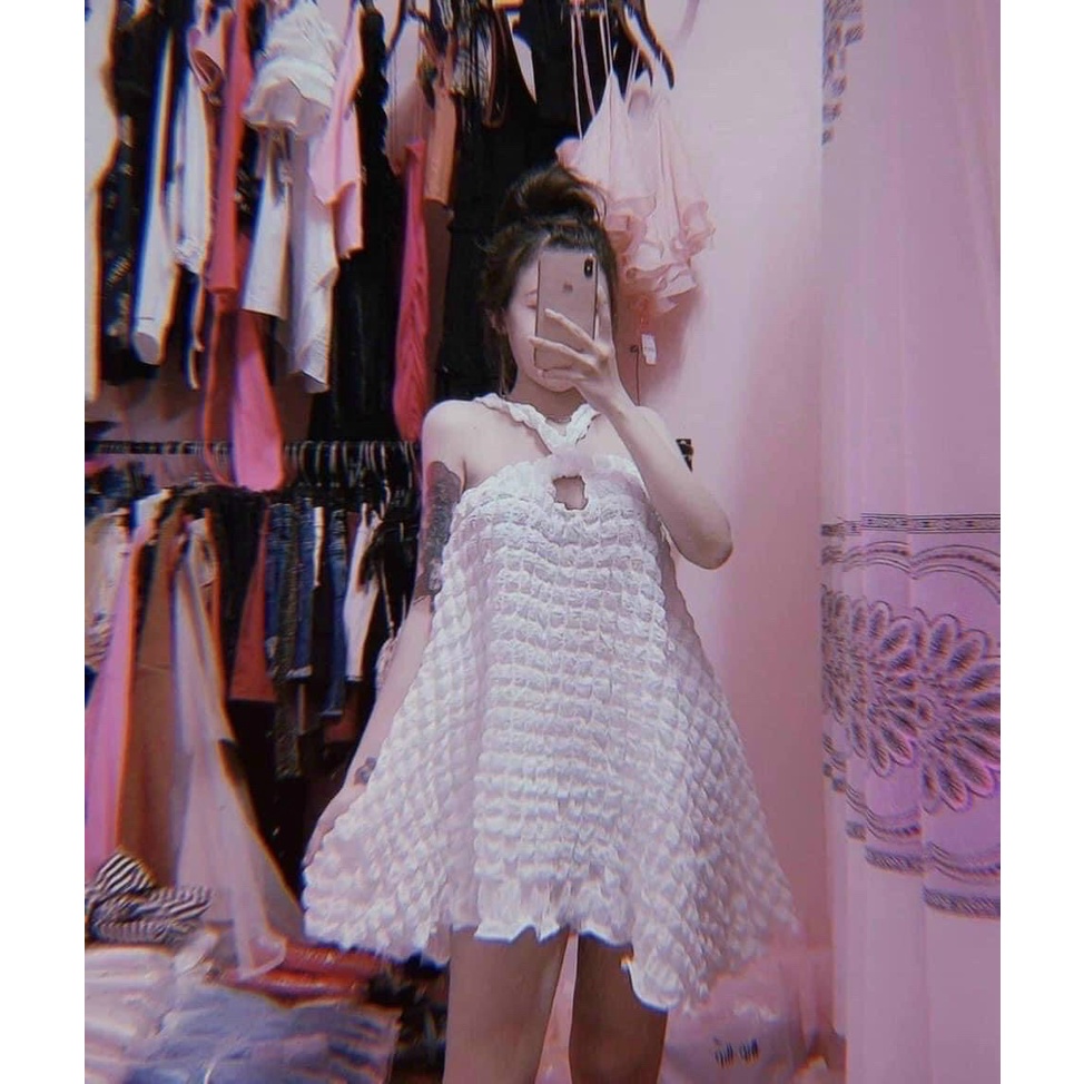 [8.8 Sales Freeship] Đầm xốp 2 dây chéo ngực cổ yếm dáng xòe, váy xốp ô vuông hở ngực babydoll đi chơi dễ thương