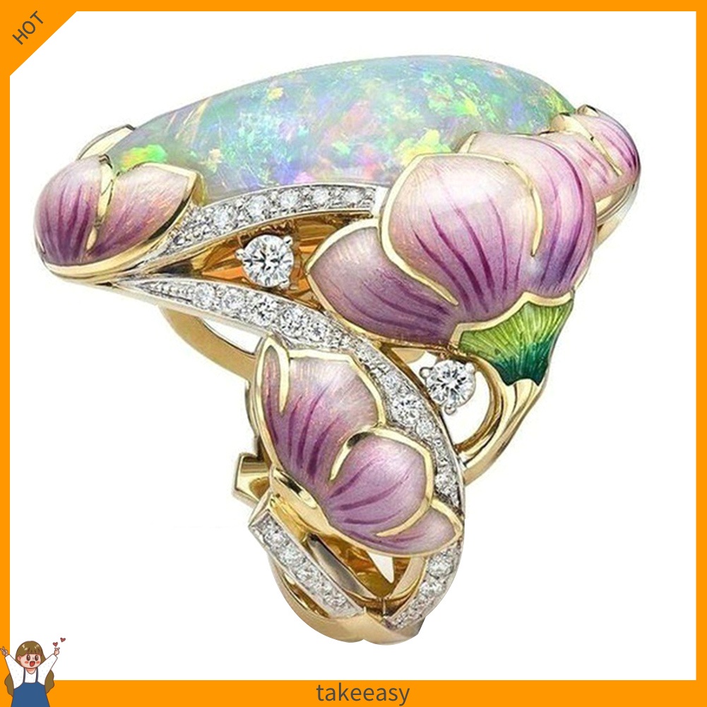 Nhẫn mặt hoa sen đính đá opal nhân tạo thời trang cho nữ