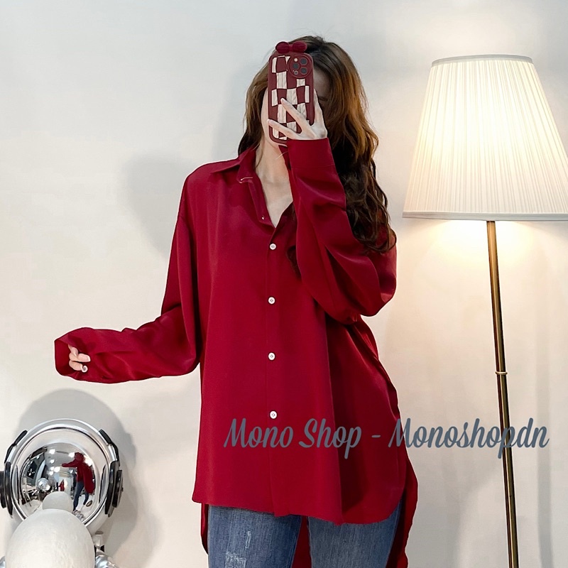 Áo sơ mi phom rộng lệch tà chất đẹp nút trắng Ảnh thật/ sẵn