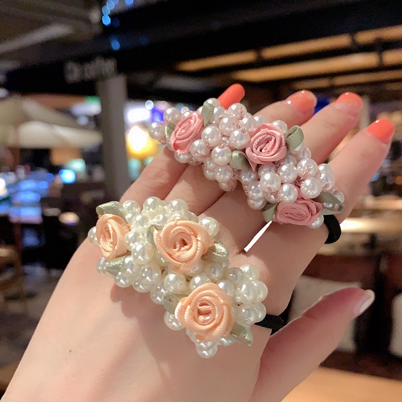 Dây Cột Tóc Cao Su Co Giãn Hình Hoa Đính Ngọc Trai Đơn Giản Thời Trang Phong Cách Hàn Quốc