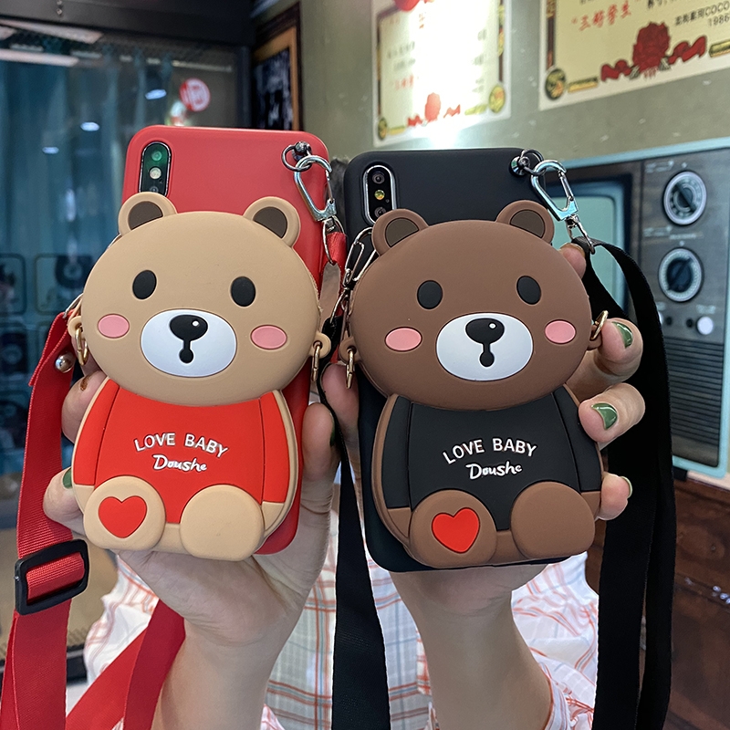 Samsung J3 J7 2015 2016 J3Pro J5Pro J7Pro J5Prime J2Prime J7Prime A5/2016 A5/2017 Cute Teddy Bear Soft Phone case Couple Love Bear Cion Card Wallet Phone Cover Case with Lanyard