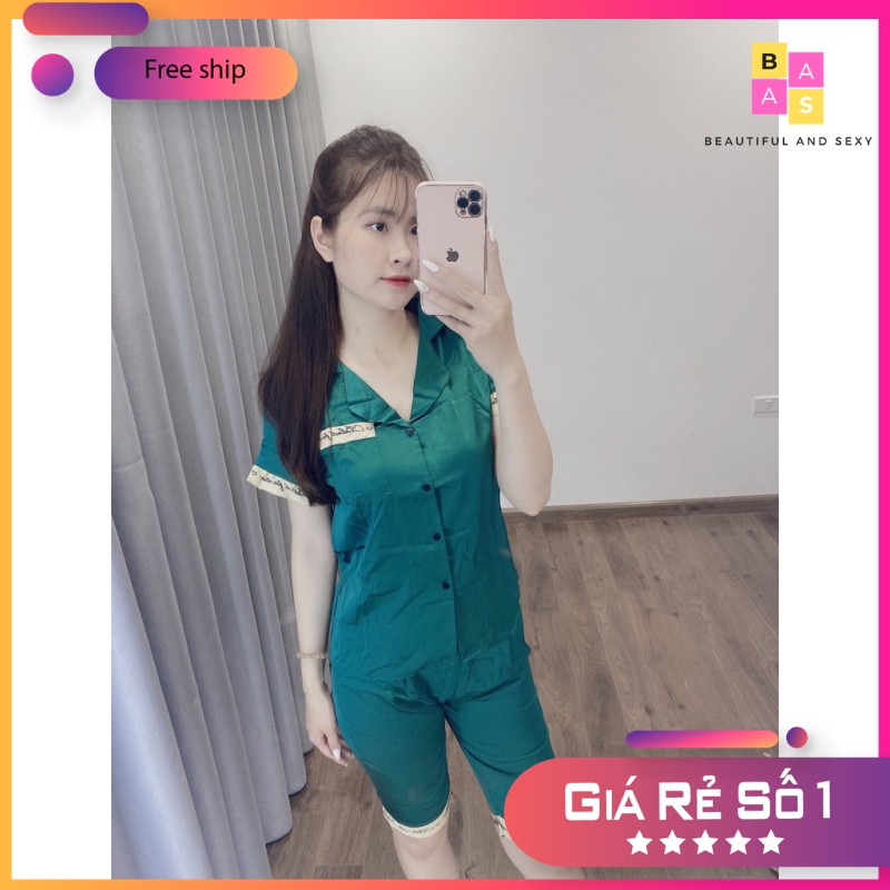 Bộ pijama cộc tay quần đùi phi lụa mát mẻ, bộ đồ ngủ lụa đùi phối họa tiết viền chữ kí BAS087 | BigBuy360 - bigbuy360.vn