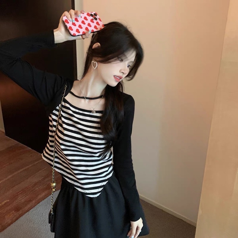 Áo thun kẻ tay dài vạt xẻ dây chéo cổ - hàng có sẵn