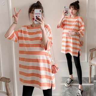 Quần áo dành cho bà bầu, mùa hè, vải cotton rộng rãi mới có sọc, thêm người béo, phông ngắn tay, bộng thai 3