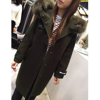 Áo khoác dạ Hàn Quốc mũ lông - rêu