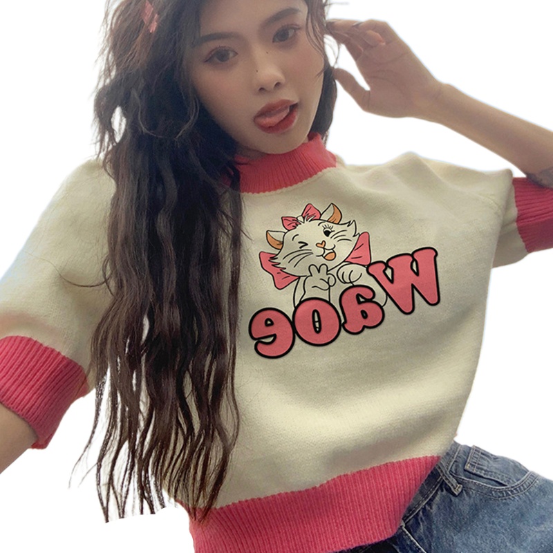 Áo Thun Crop Top Dệt Kim Tay Ngắn In Họa Tiết Mèo Hoạt Hình Đính Nơ Phong Cách Harajuku Cho Nữ