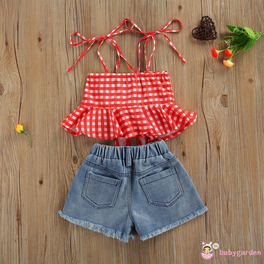 Bộ Đồ 2 Món Thời Trang Mùa Hè Áo Không Tay Viền Bèo + Quần Short Denim Rách Cho Bé Gái