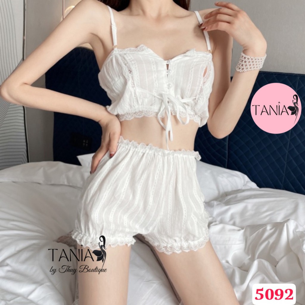 Đồ Ngủ 2 Dây Dễ Thương Mặc Nhà Sexy Gợi Cảm Xô Đũi Trắng TANIA  5092