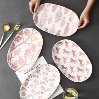 Đĩa sứ - đĩa bầu dục 12 inch nhiều họa tiết xinh xắn màu hồng, đen và xanh cổ vịt
