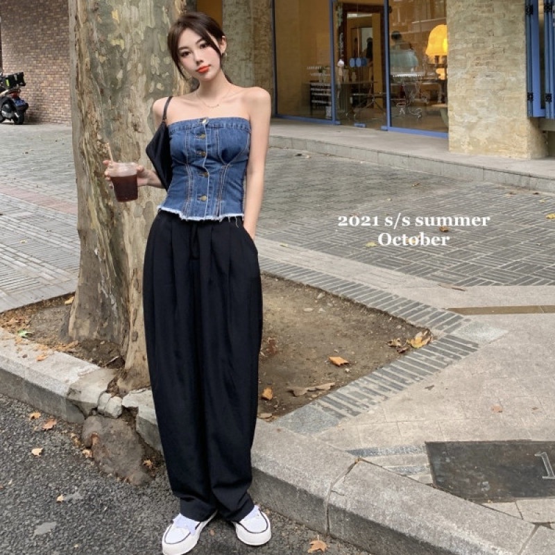 Áo Ống Ngắn Không Tay Vải Denim Thời Trang Mùa Hè Gợi Cảm Dễ Phối Đồ