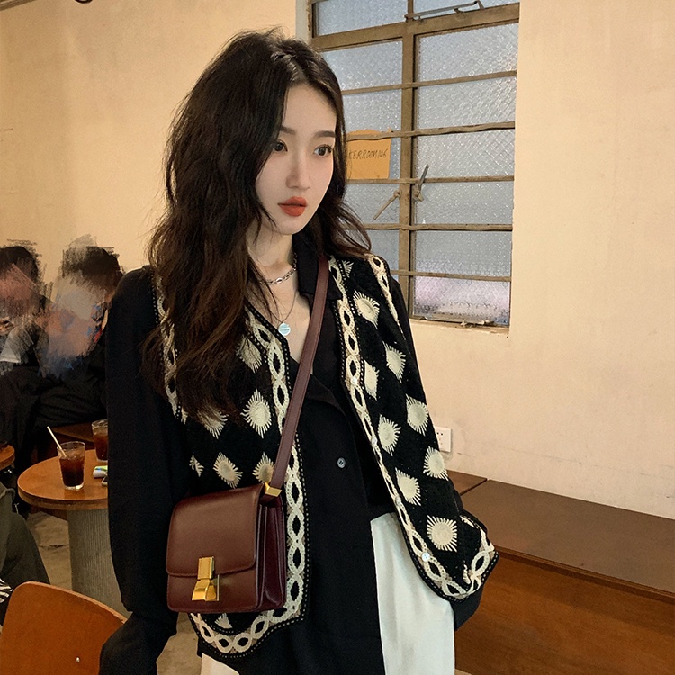 SUXI Áo dệt kim không tay màu đen thời trang mùa thu xinh xắn cho nữ