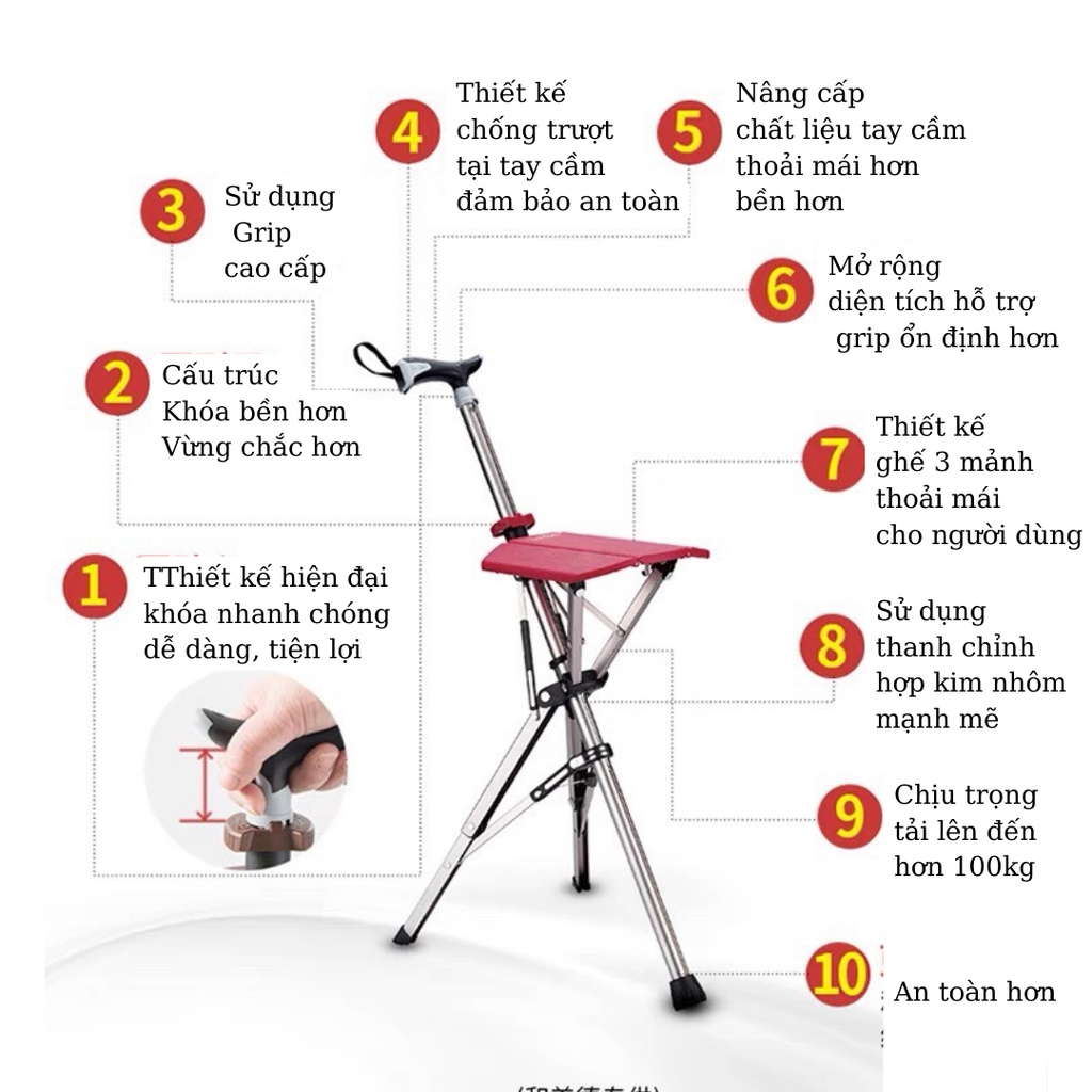 Gậy batoong chống nạng có ghế thông minh cho người già, bản mới 2022, hàng chính hãng TADA Đài Loan, Forher.since1998