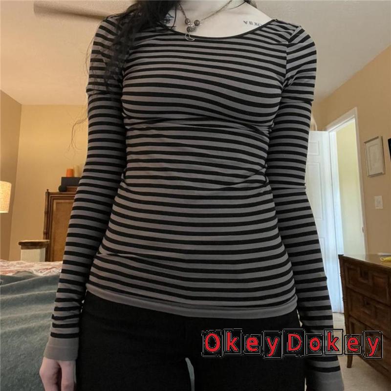 Áo Thun Hở Lưng Kẻ Sọc Y2K Phong Cách Harajuku Cổ Điển Gợi Cảm Cho Nữ