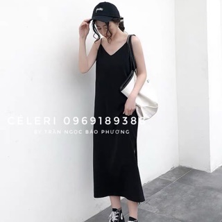 Váy hai dây đen basic xẻ 1 bên dáng xuông